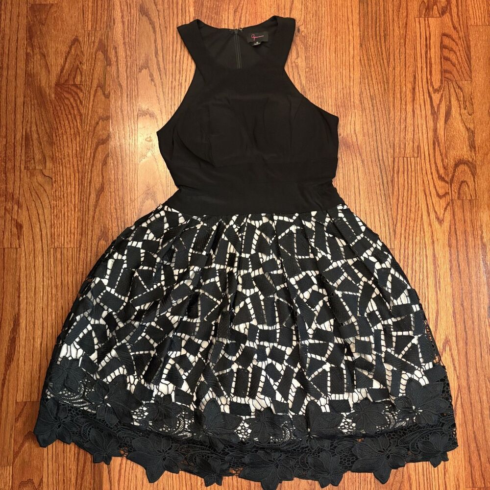 AQUA Womens 6 Black White Lace Fit & Flare Cocktail Party Dress